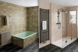 Fotorealisitische Vorher-Nachherplanung einer Duschsanierung, bei der die Wanne durch eine Dusche ersetzt wird.